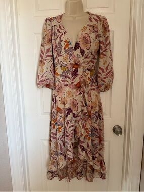 🌸Mi Ami Floral Wrap Midi Dress | size Small | 3/4 sleeve ruffle hem